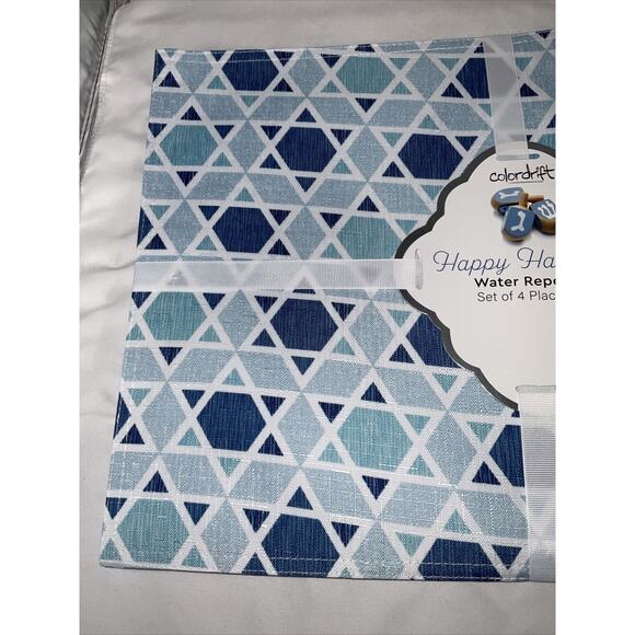 NEW COLORDRIFT HANUKKAH PLACEMATS STAR OF DAVID MENORAH WATER REPELLENT SET/4 - Picture 3 of 6